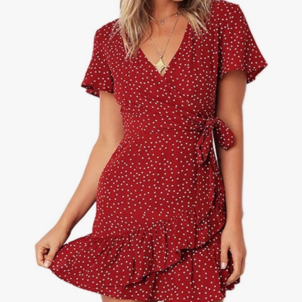 Red Polka Dot Short Sleeve Wrap Dress XL